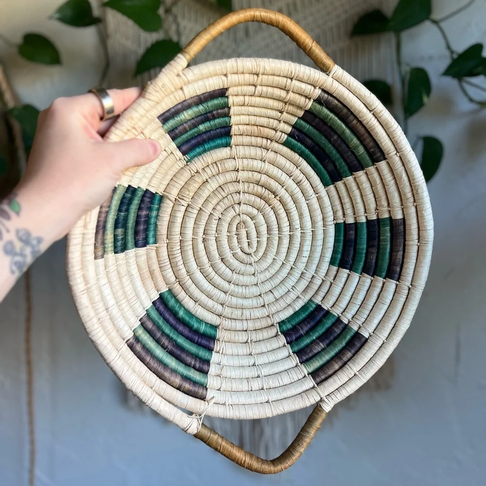 Large Woven Rattan Basket Bowl with Handles – Boho Farmhouse Wall or Table Décor